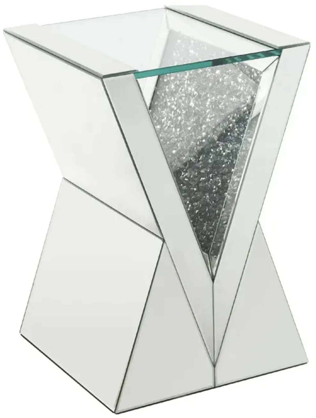 Noe 24 Inch Mirrored End Table, V Pedestal Base, Faux Diamond, Silver-Benzara