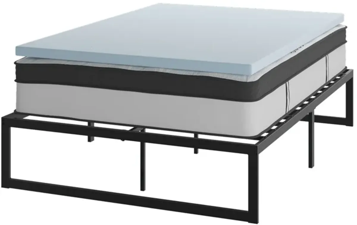 Leo 14 Inch Metal Platform Bed Frame with 12 Inch Pocket Spring Mattress in a Box and 2 Inch Cool Gel Memory Foam Topper - Full