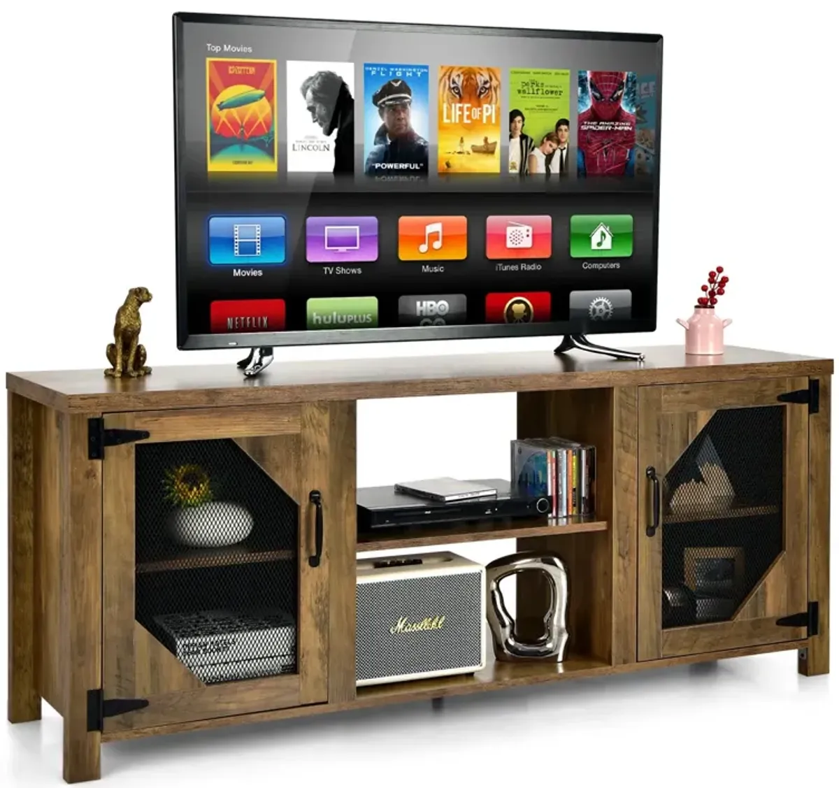 TV Stand for TVs up to 65-Inch with 2 Metal Mesh Doors and Ad-Rustic Brown