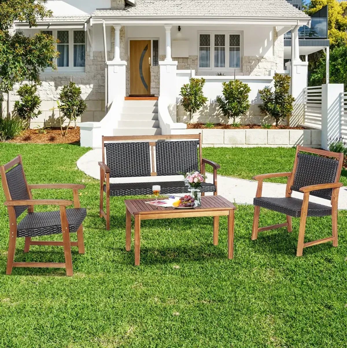 4 Pieces Outdoor Patio Rattan Furniture Sofa Set with Acacia Wood Frame