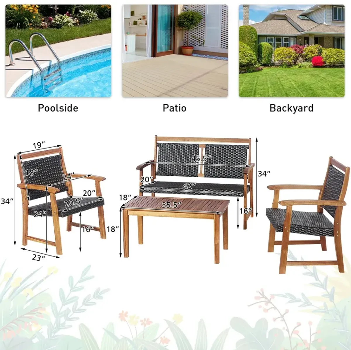 4 Pieces Outdoor Patio Rattan Furniture Sofa Set with Acacia Wood Frame