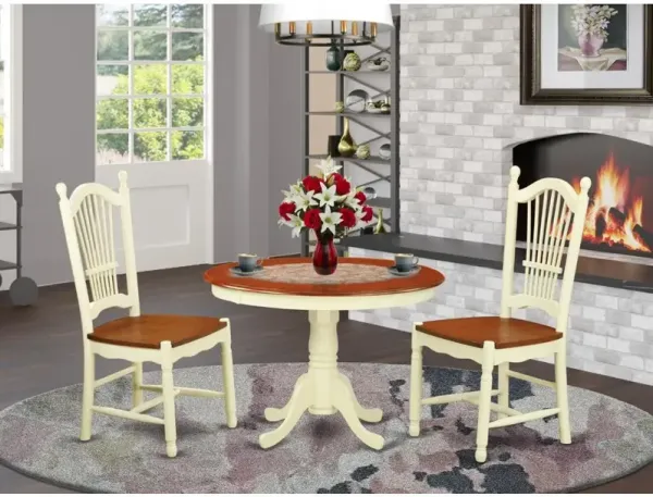3 Pc set with a Round Small Table and 2 Leather Kitchen Chairs in Buttermilk and Cherry .