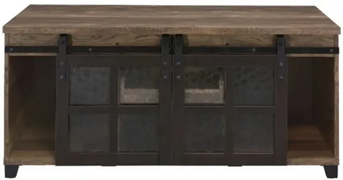 Coffee Table with 2 Barn Sliding Glass Doors and Pull Out Tray, Brown-Benzara