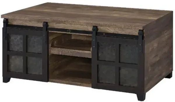 Coffee Table with 2 Barn Sliding Glass Doors and Pull Out Tray, Brown-Benzara