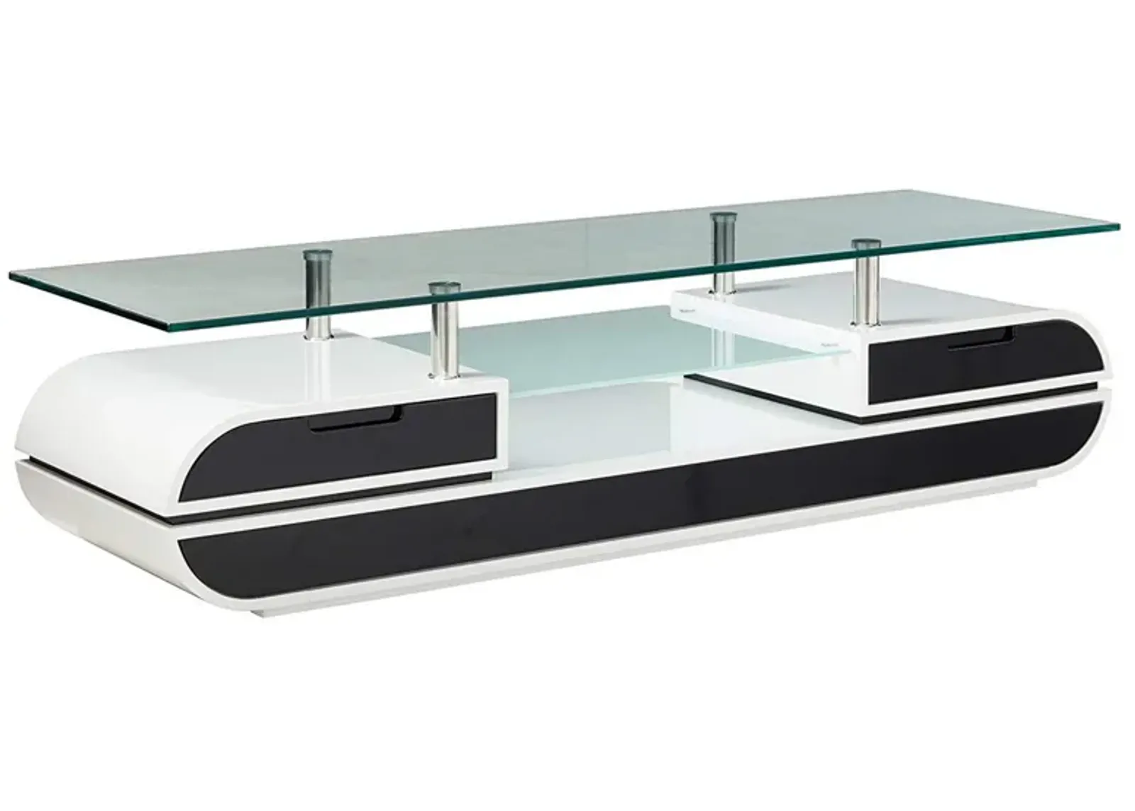 63 Inch TV Entertainment Console, Glass Top, Chrome Posts, Black, White - Benzara