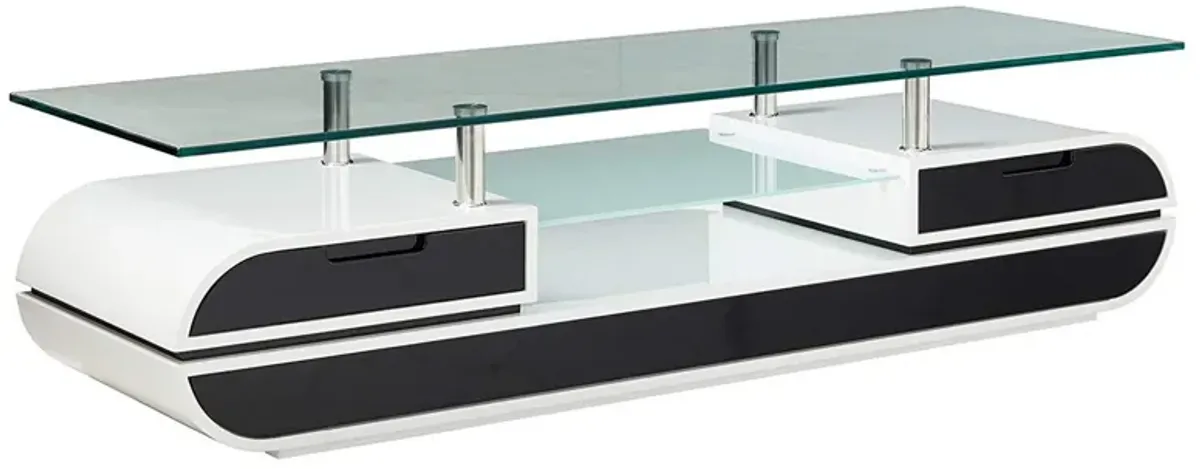 63 Inch TV Entertainment Console, Glass Top, Chrome Posts, Black, White - Benzara