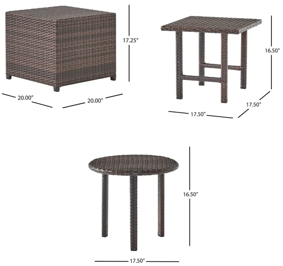 Limo Outdoor 3 Piece Set with Round, Square, and Ottoman Tables, Brown - Benzara