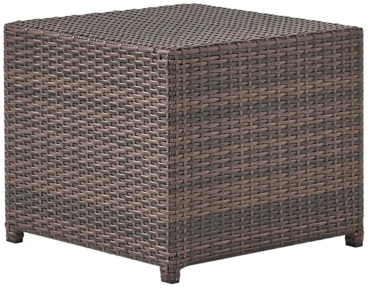 Limo Outdoor 3 Piece Set with Round, Square, and Ottoman Tables, Brown - Benzara