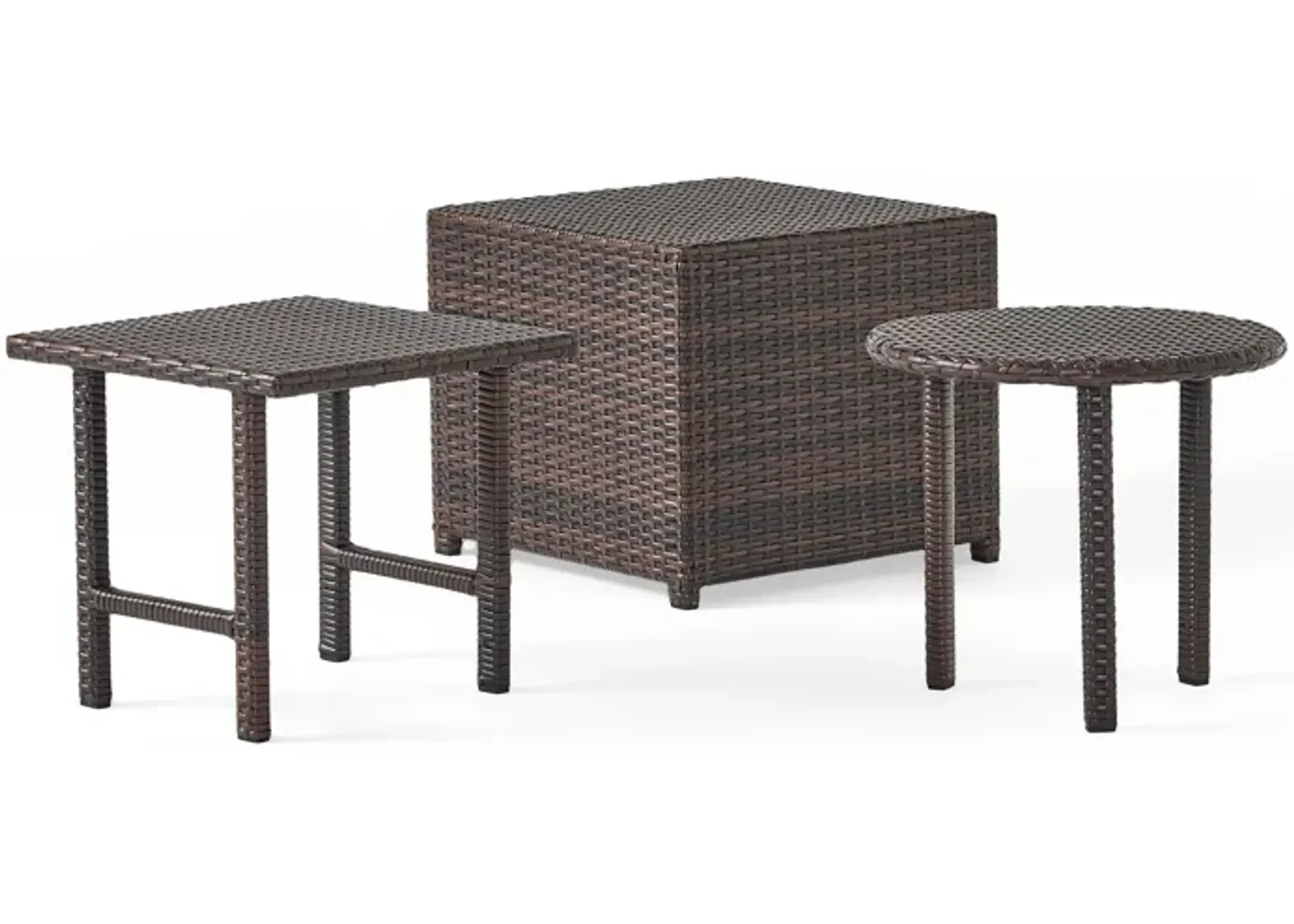 Limo Outdoor 3 Piece Set with Round, Square, and Ottoman Tables, Brown - Benzara