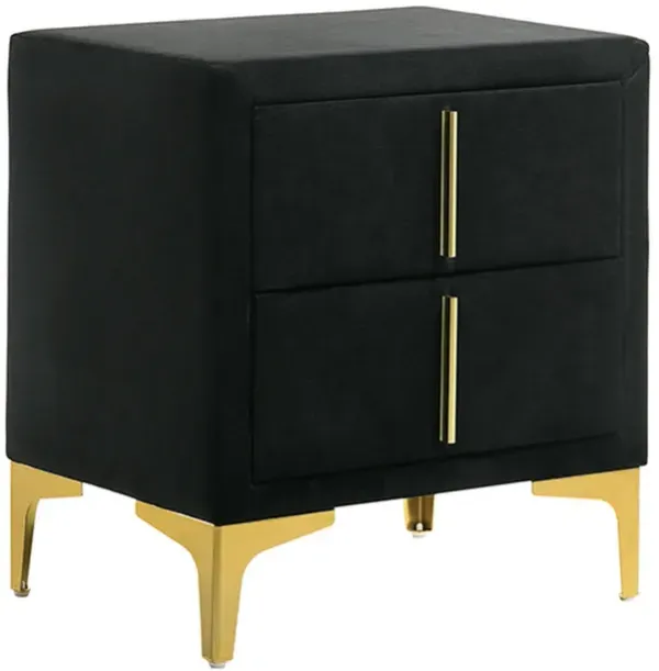 Bios 24 Inch Nightstand, 2 Drawers, Black Vegan Faux Leather, Gold Accents - Benzara