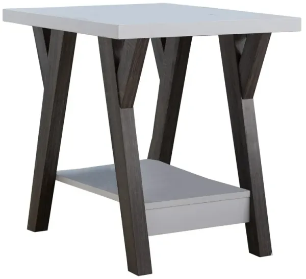 22 Inch Two Tone End Table with Bottom Shelf, White and Gray-Benzara