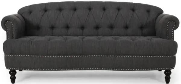 Sofa, 3 Seater, Rivet Accents, Button Tufted Charcoal Gray Fabric - Benzara