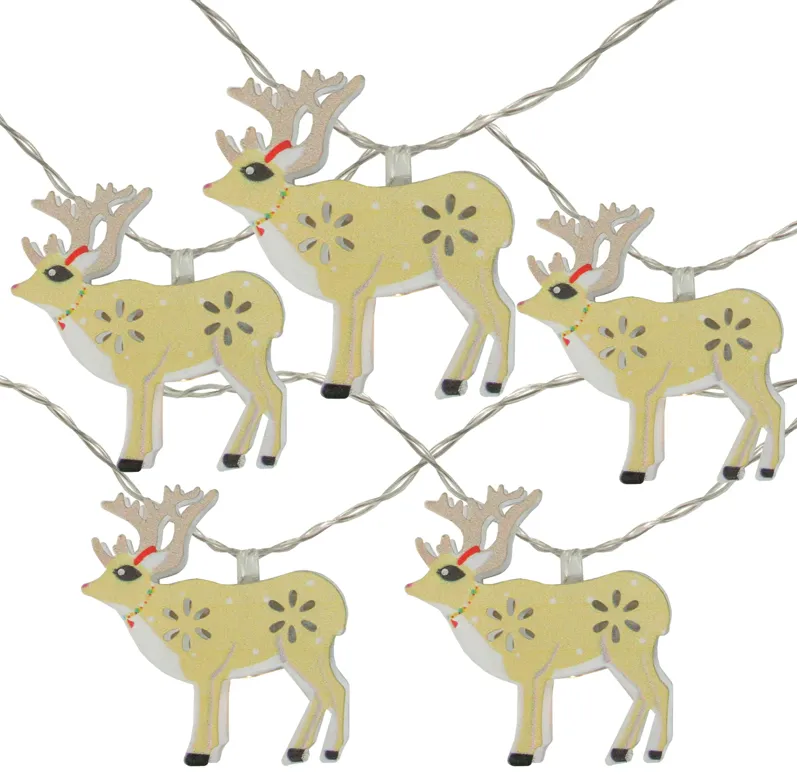 10 Battery Operated Warm White LED Reindeer Christmas Lights - 4.5 ft Clear Wire