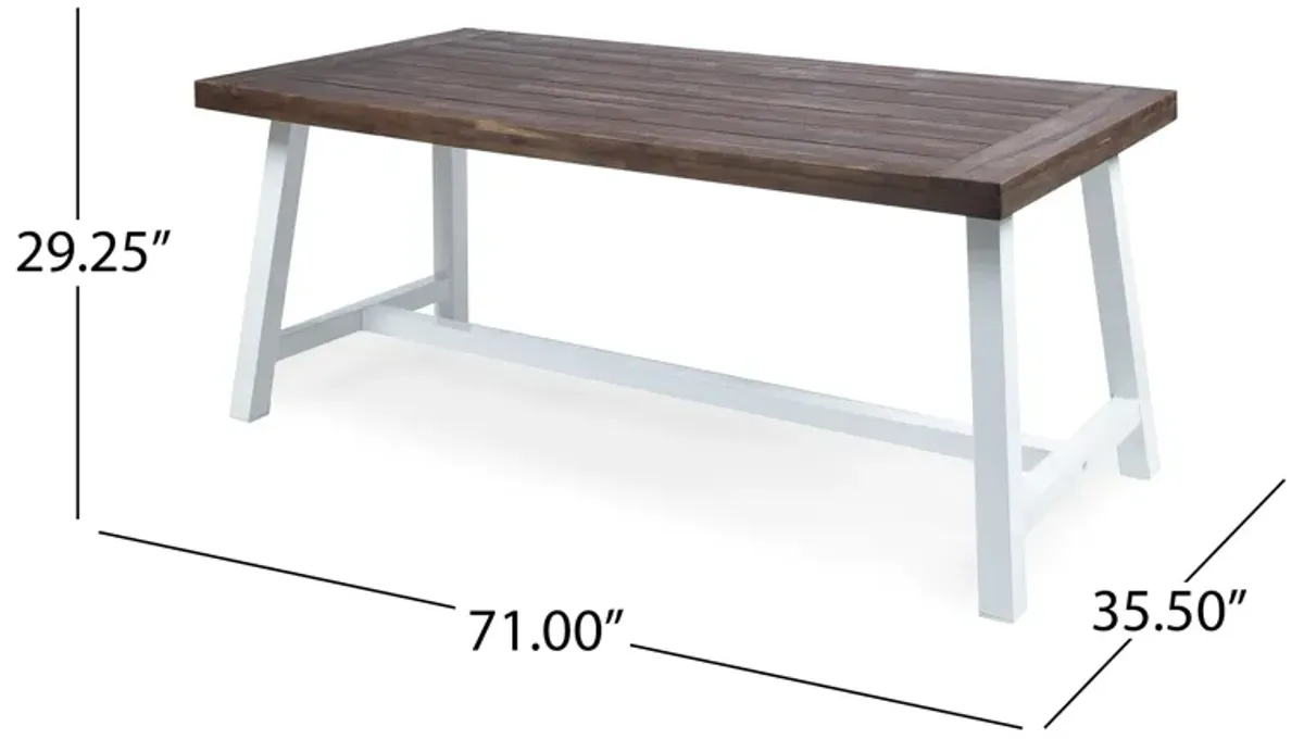 Nikay Outdoor Dining Table, Dark Brown Acacia Wood, White Iron, 71 Inch - Benzara