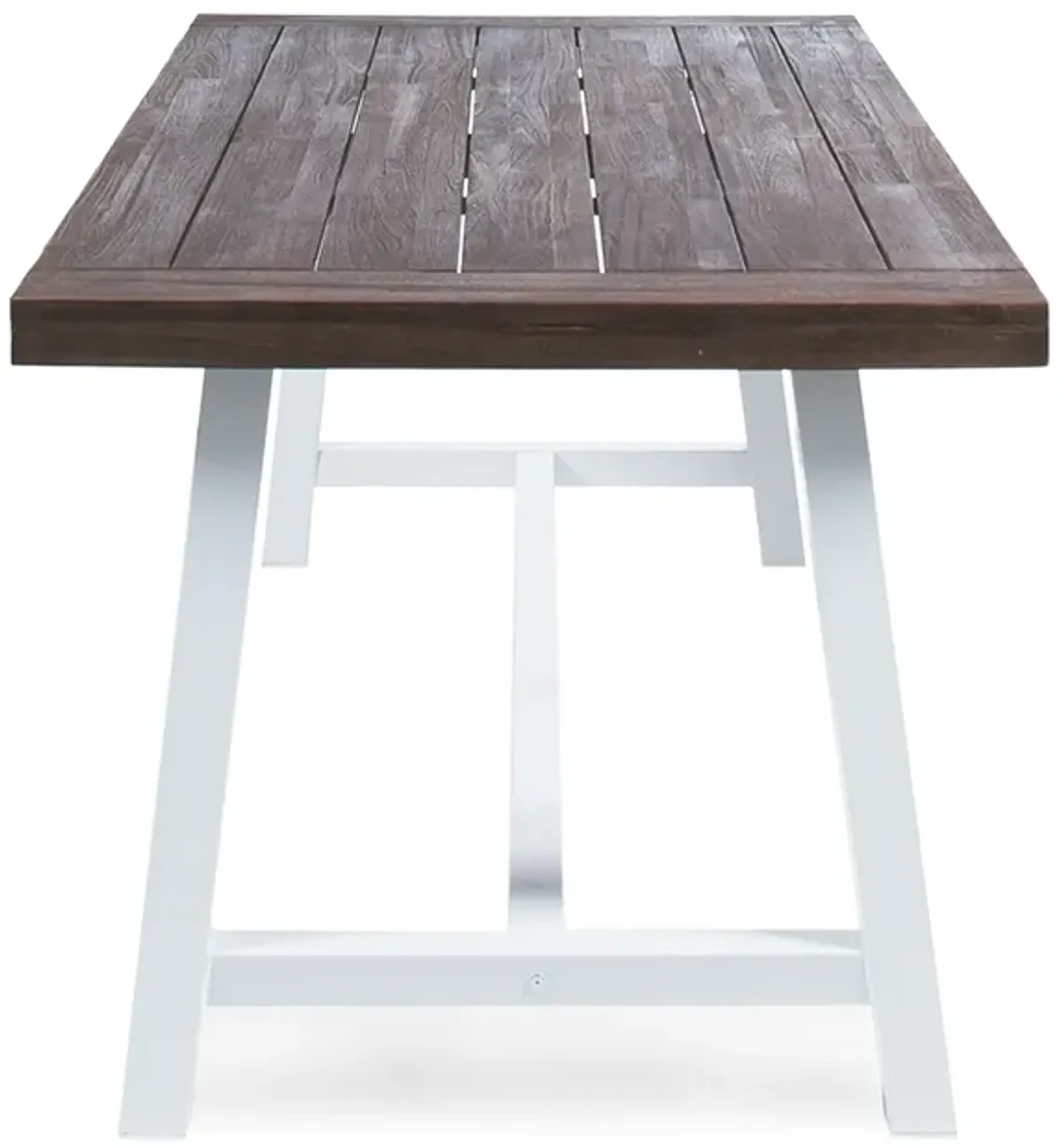 Nikay Outdoor Dining Table, Dark Brown Acacia Wood, White Iron, 71 Inch - Benzara