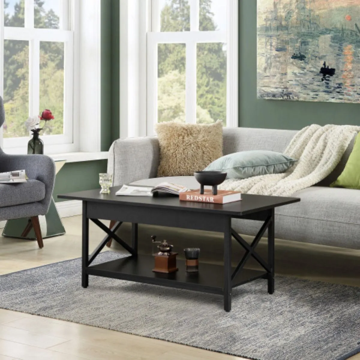 2-Tier Industrial Coffee Table with Storage Shelf