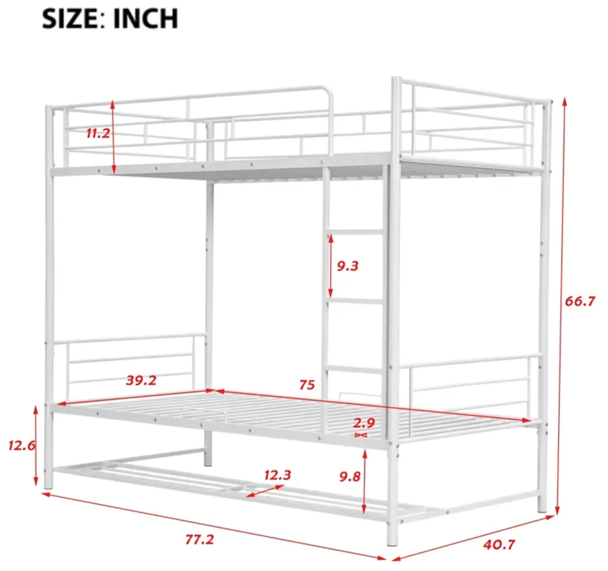 Twin Over Twin Metal Bunk Bed With Shelf And Guardrails, White