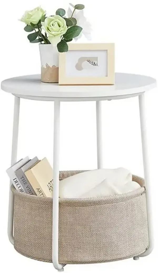 Hym 20 Inch Side End Table with Beige Fabric Basket, White Round Top, Steel - Benzara