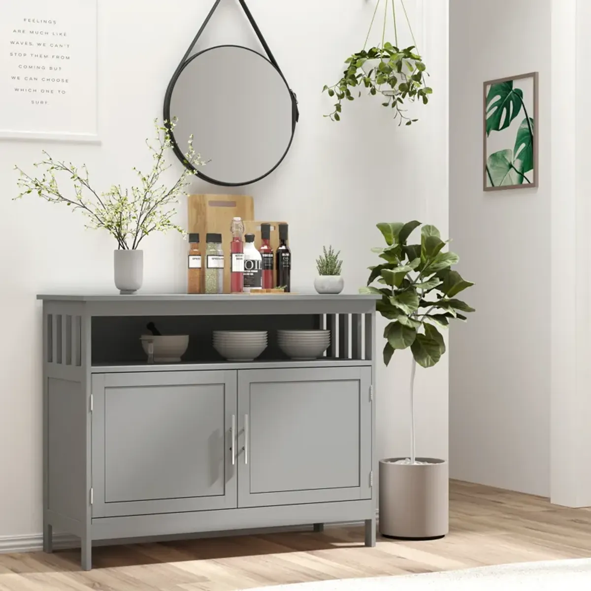 HOMCOM Sideboard Buffet Cabinet, Modern Kitchen Cabinet, Coffee Bar Cabinet with 2-Level Shelf and Open Compartment, Grey