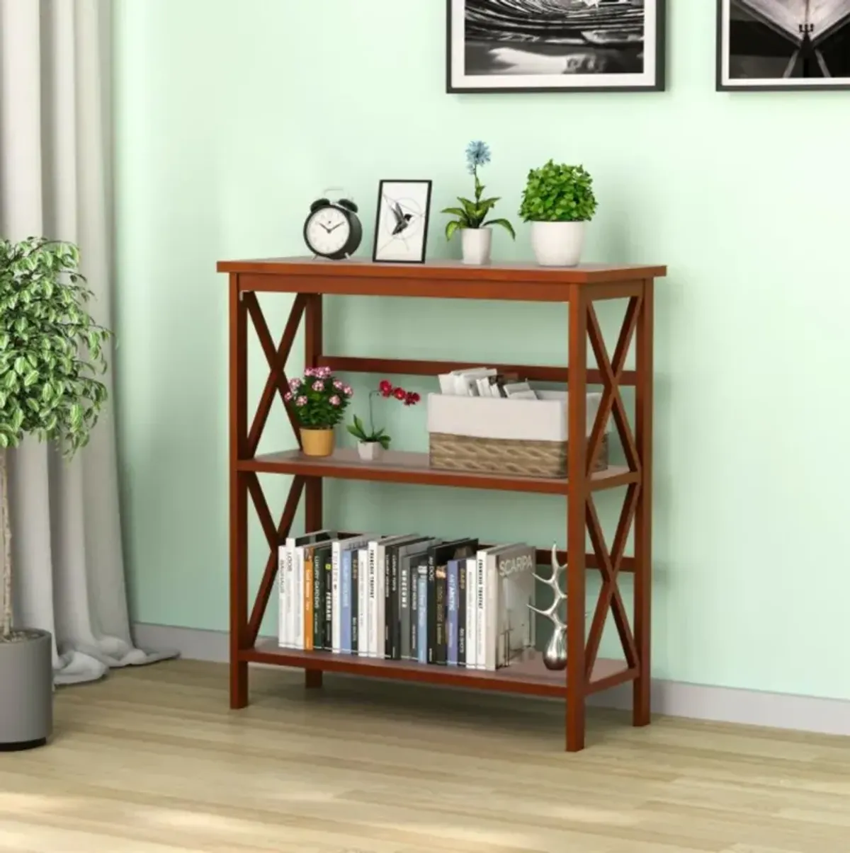 Hivvago 3-Tier Wooden Multi-Functional X-Design Etagere Storage Bookshelf