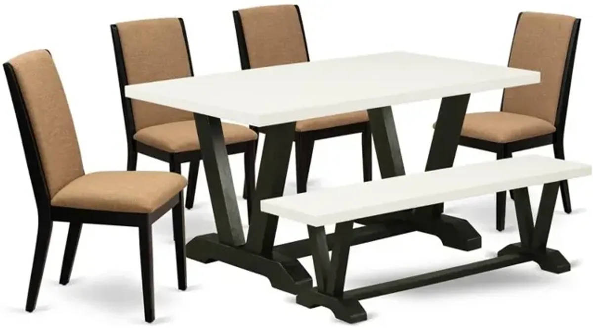 East West Furniture V626LA147-6 6-Piece Gorgeous Dining Table Set a Good Light Sable Dining Room Table Top and Light Sable Dining Bench and 4 Wonderful Linen Fabric Padded Chairs with Stylish Chair Ba