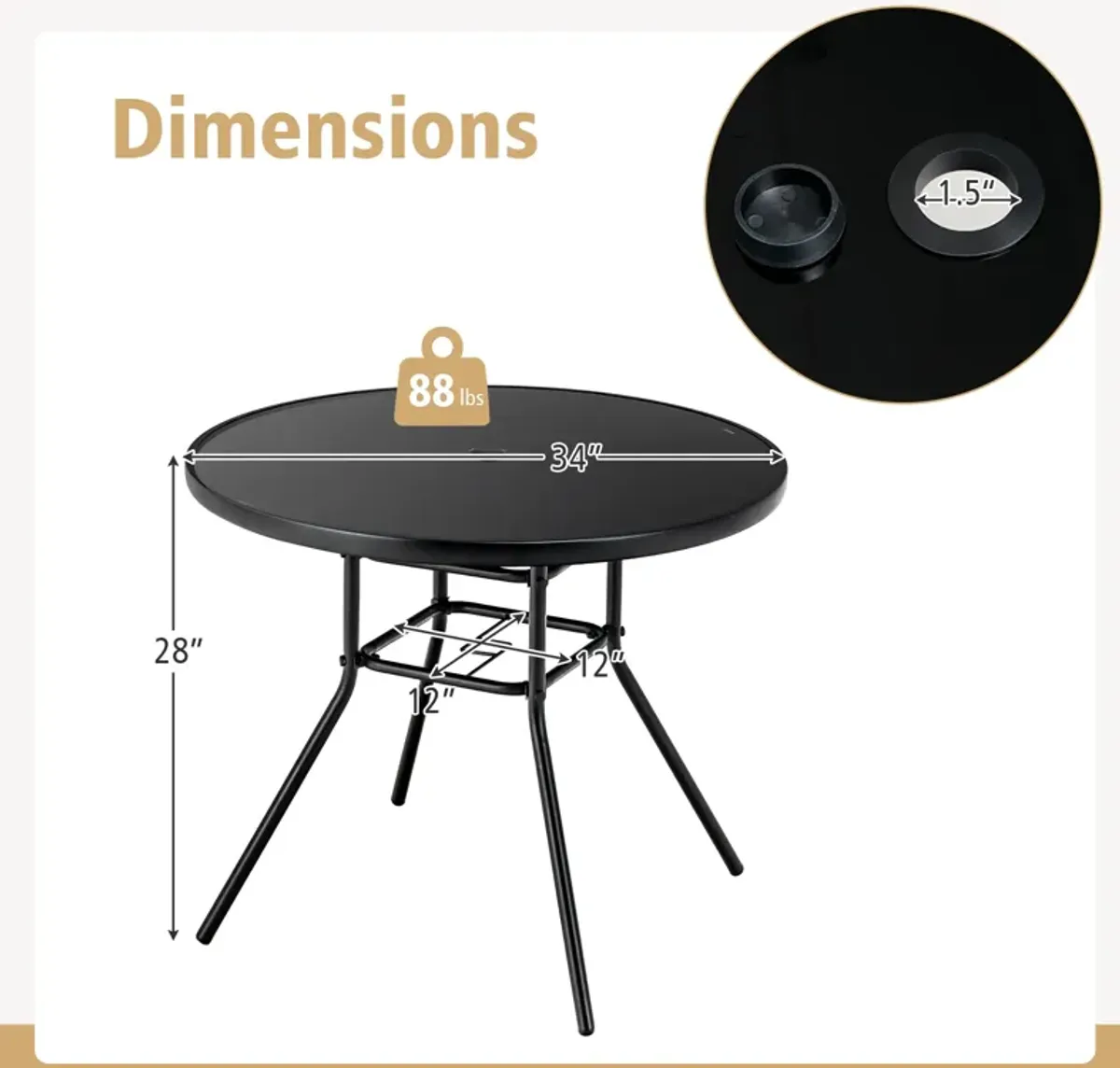 34 Inch Patio Dining Table with 1.5 inch Umbrella Hole for Garden