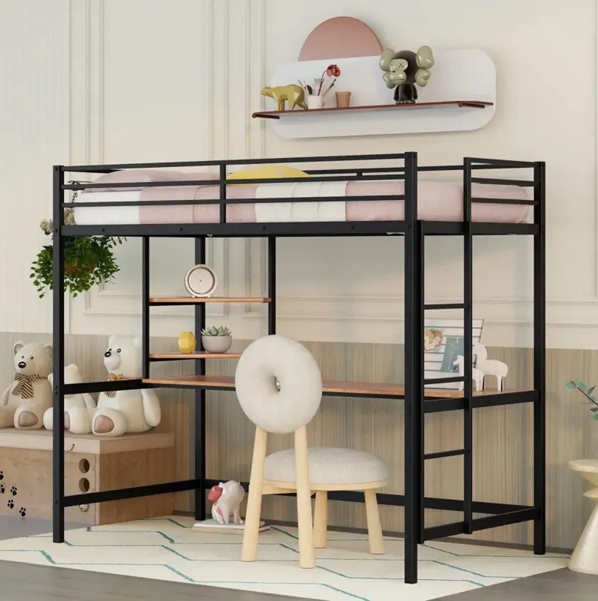 Twin Metal Loft Bed With Desk And Shelf