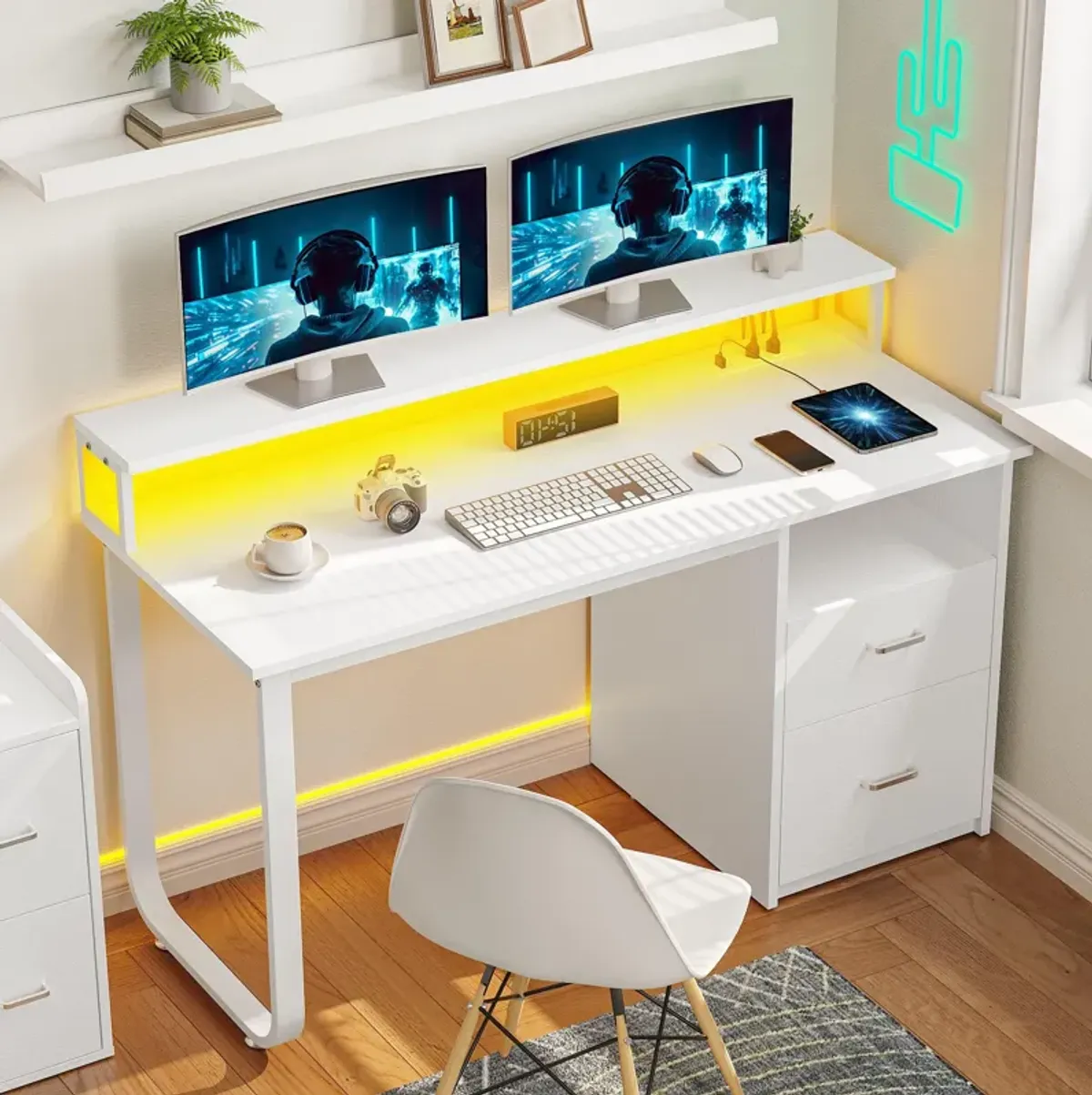 YITAHOME Computer Desk with Drawers, 47.2 Office Desk with Power Outlets & LED Light, Home Office Desk with Storage Shelves, W