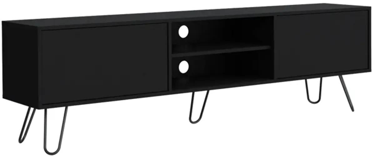 Vassel TV Rack, Entertainment Unit with Hinged Drawers and Hairpin Legs- Black