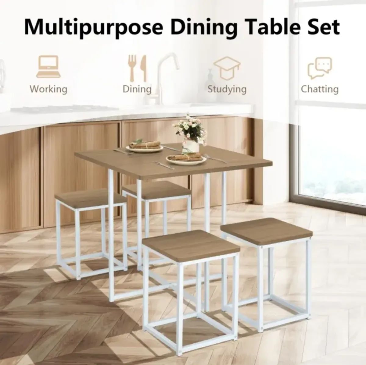 Hivvago 5 Pieces Metal Frame Dining Set with Compact Dining Table and 4 Stools