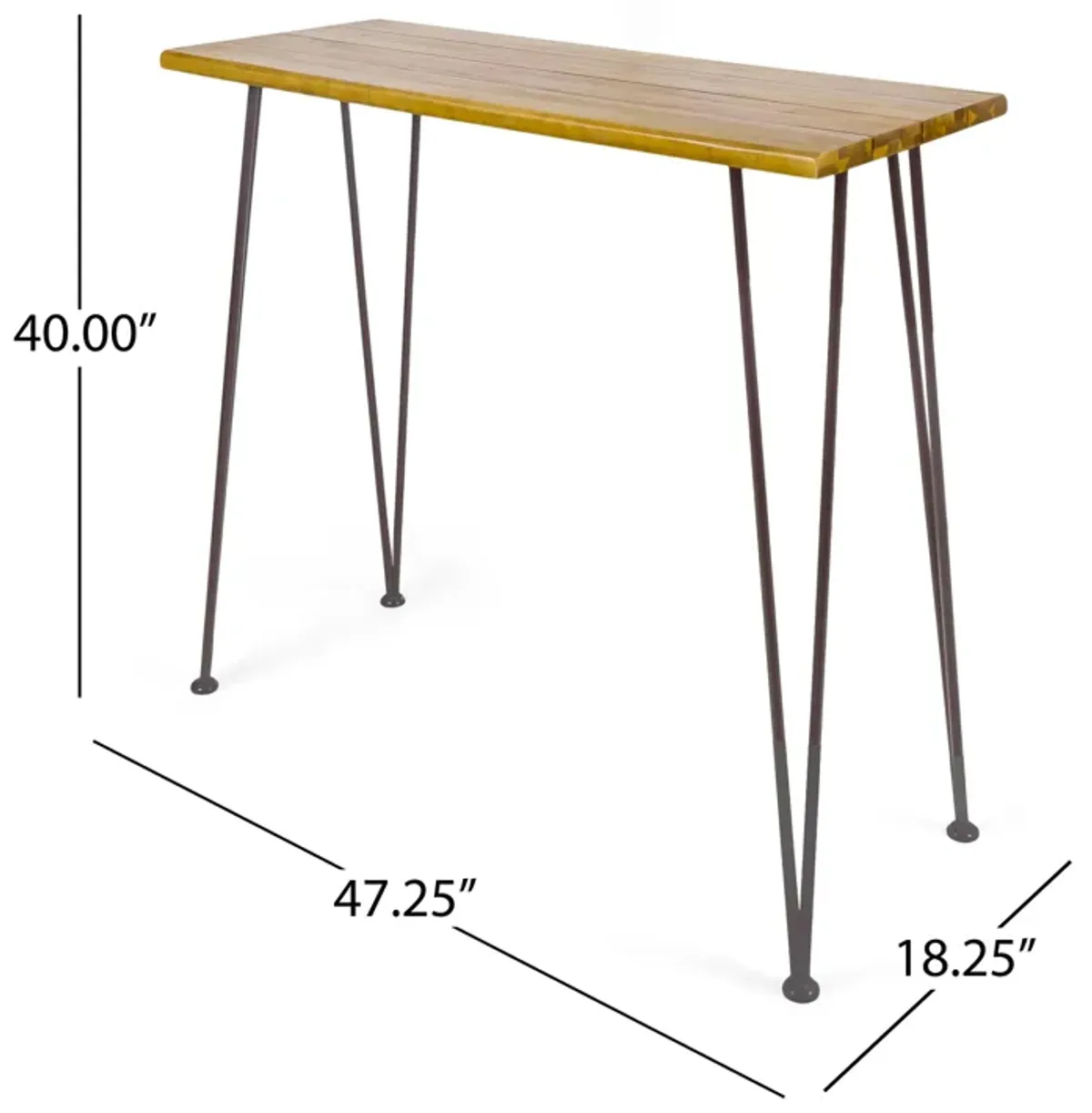 Rih Outdoor Bar Height Table, 47 Inch, Hairpin Legs, Brown Acacia Wood - Benzara