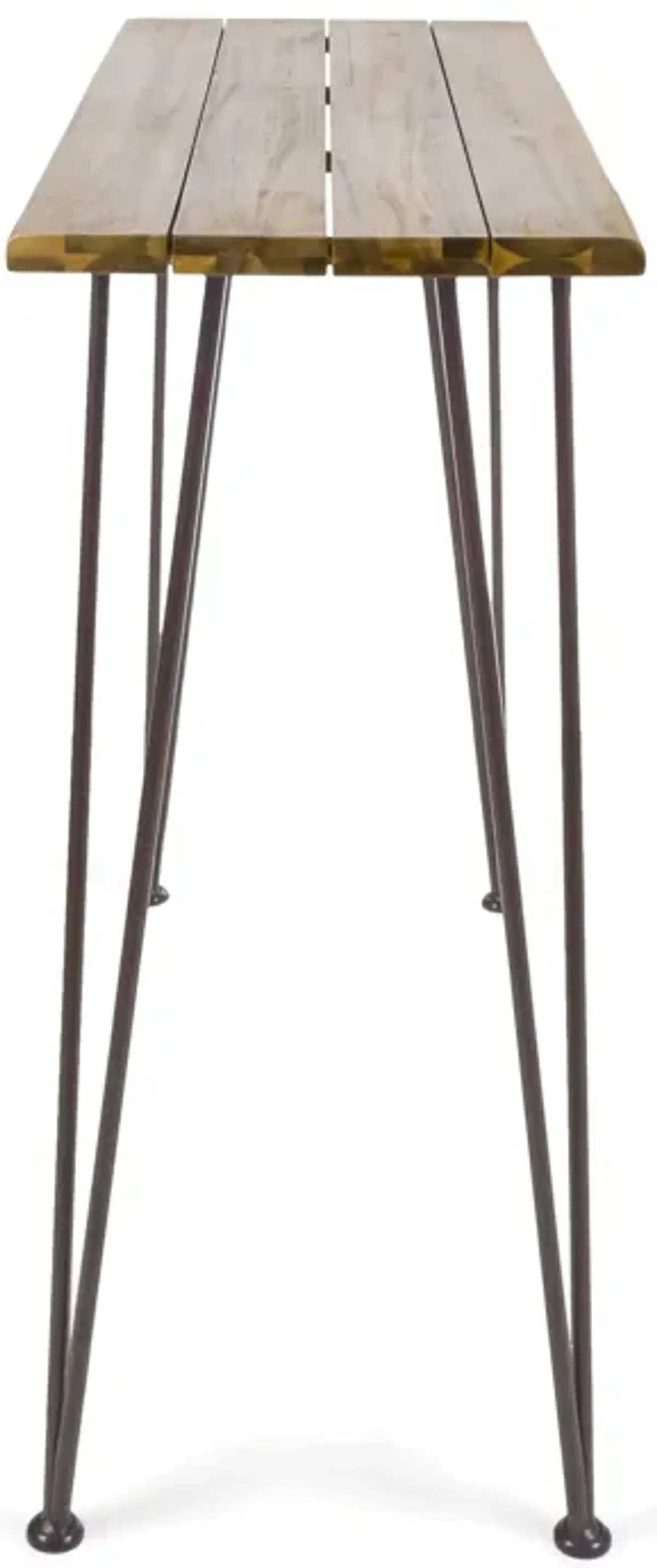 Rih Outdoor Bar Height Table, 47 Inch, Hairpin Legs, Brown Acacia Wood - Benzara