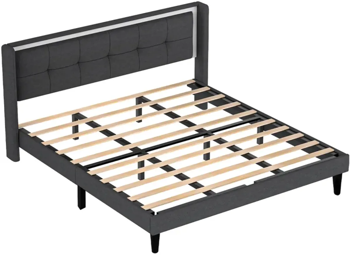 Upholstered queen size bed frame, noiseless and easy assembly