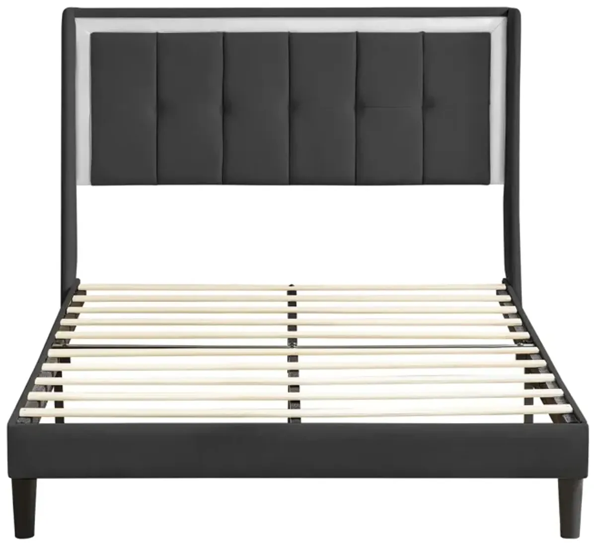 Upholstered queen size bed frame, noiseless and easy assembly