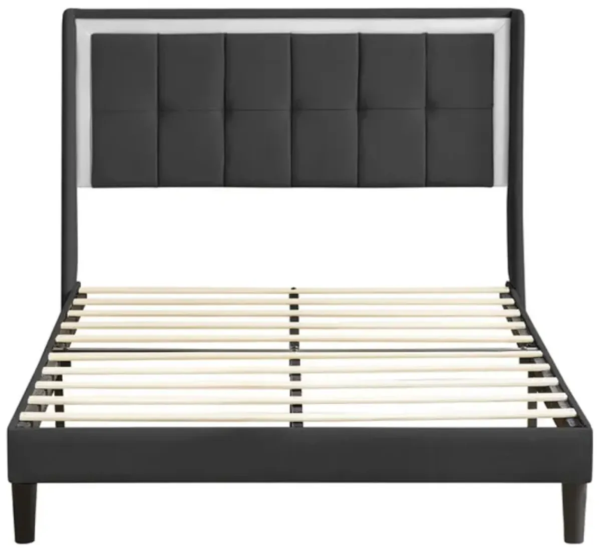 Upholstered queen size bed frame, noiseless and easy assembly