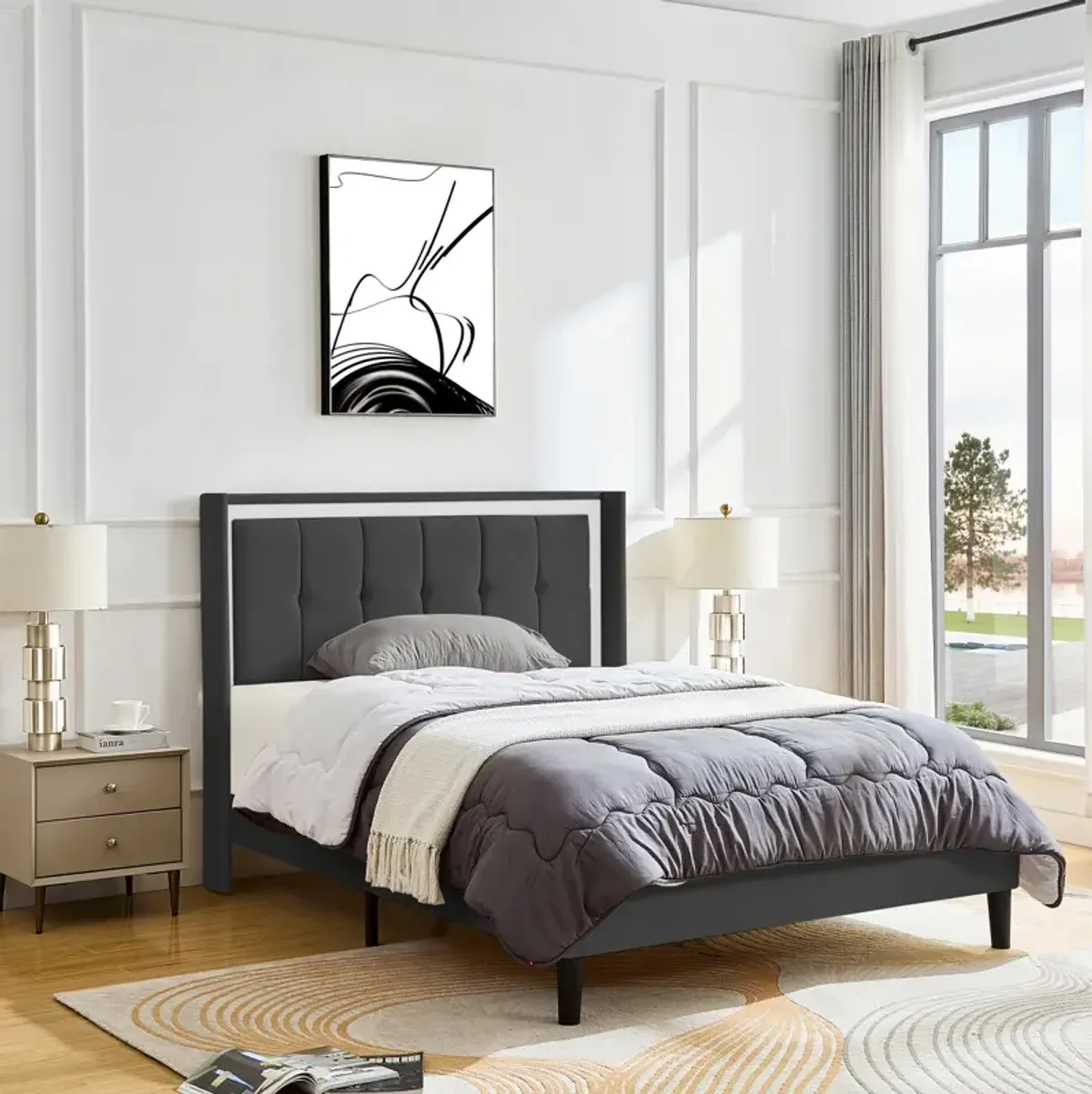 Upholstered queen size bed frame, noiseless and easy assembly