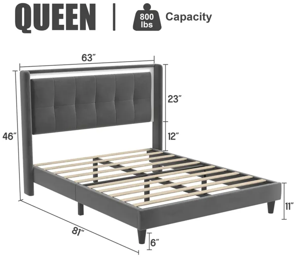 Upholstered queen size bed frame, noiseless and easy assembly