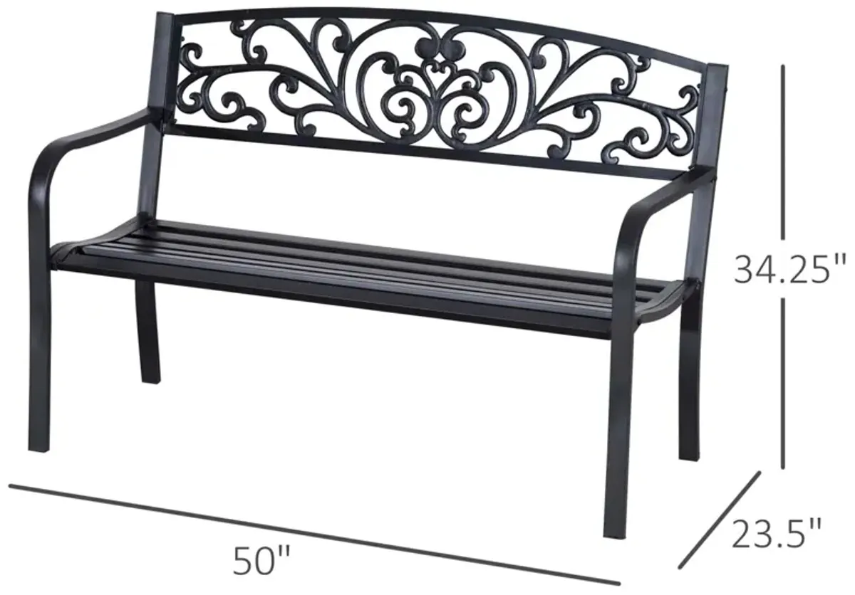 Ornate Outdoor Seating: 50" Black Metal Garden Bench with Floral Design