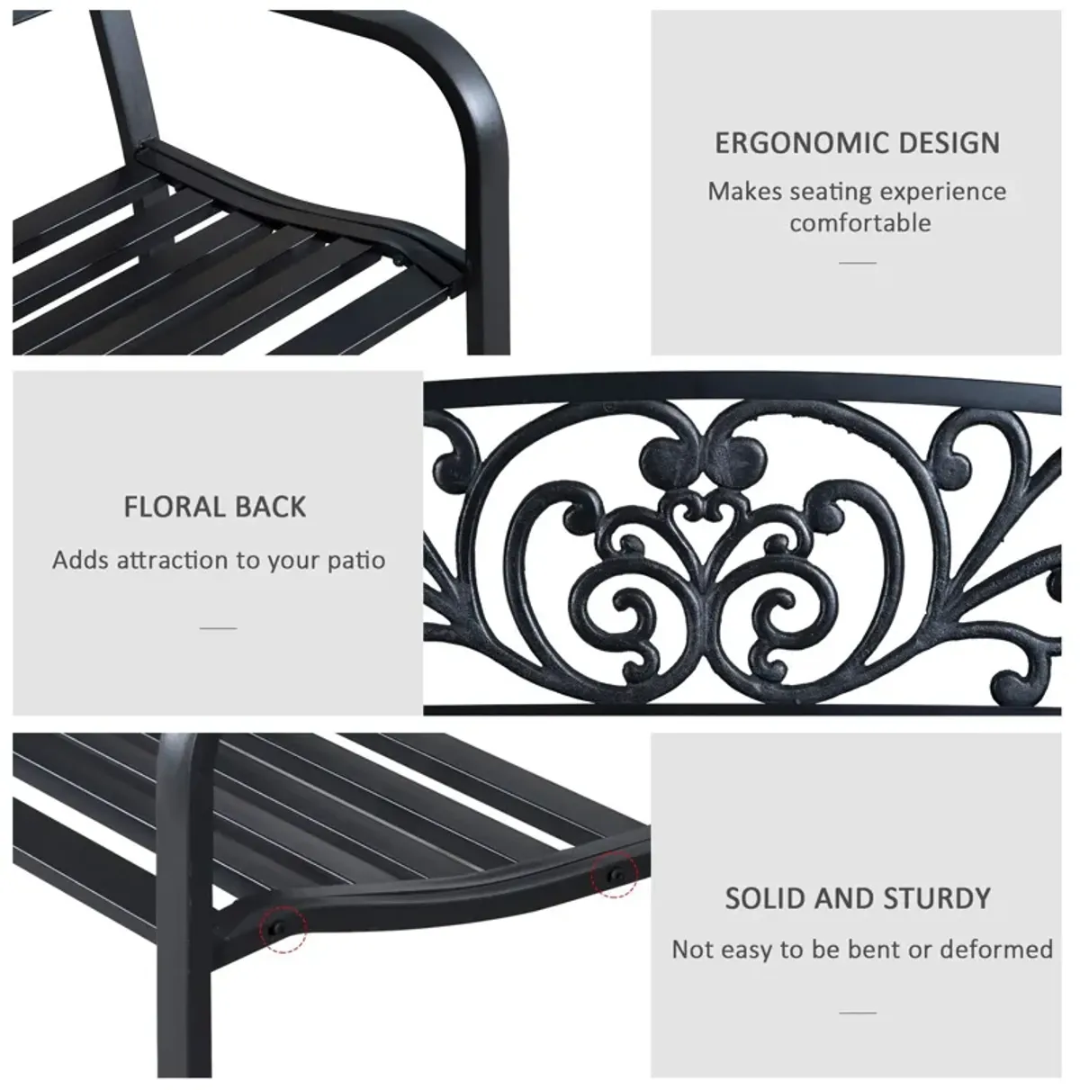 Ornate Outdoor Seating: 50" Black Metal Garden Bench with Floral Design