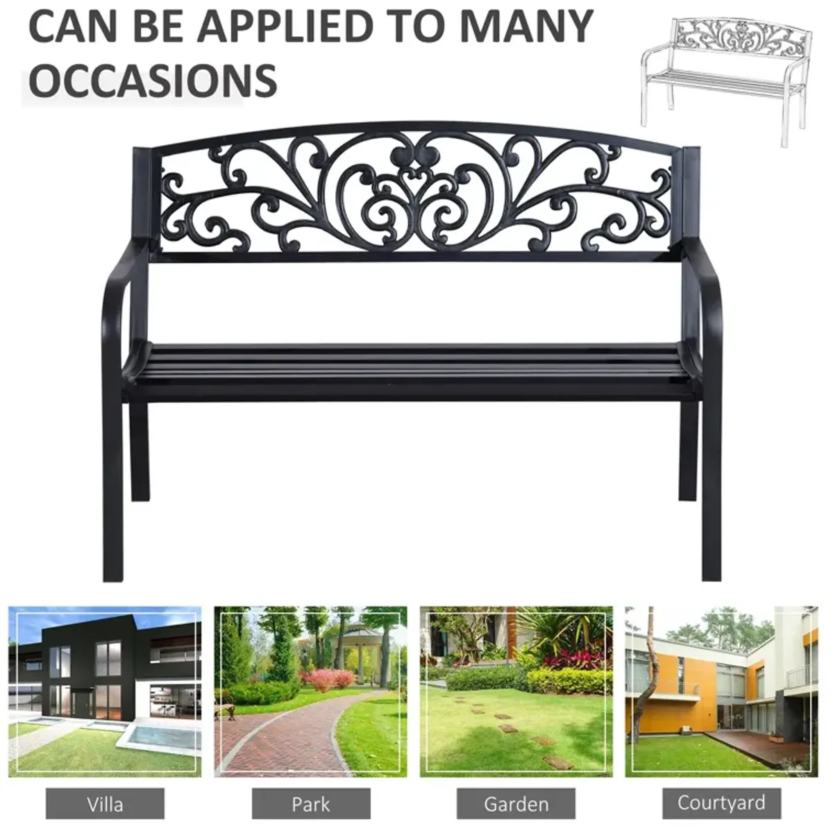 Ornate Outdoor Seating: 50" Black Metal Garden Bench with Floral Design