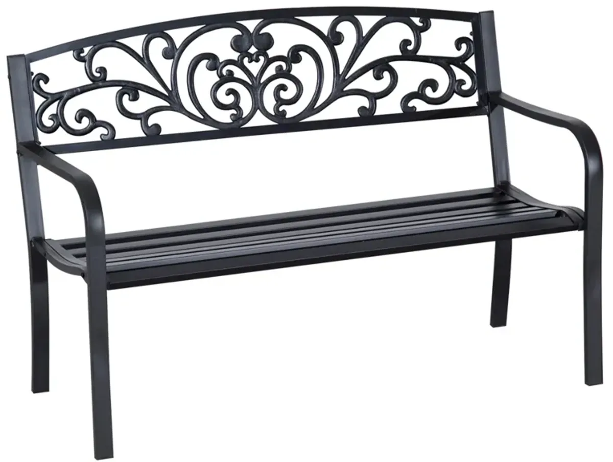 Ornate Outdoor Seating: 50" Black Metal Garden Bench with Floral Design