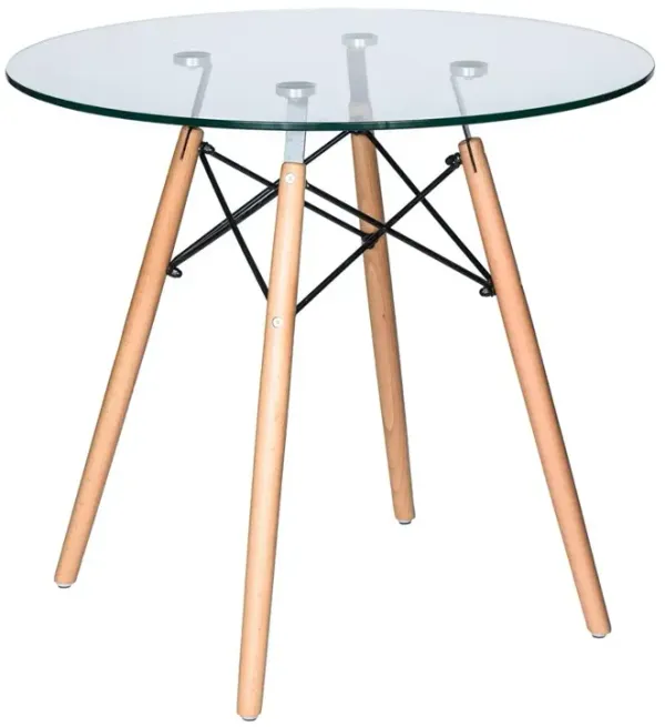 LeisureMod Dover Round Bistro Glass Top Dining Table W/ Natural Wood Eiffel Base