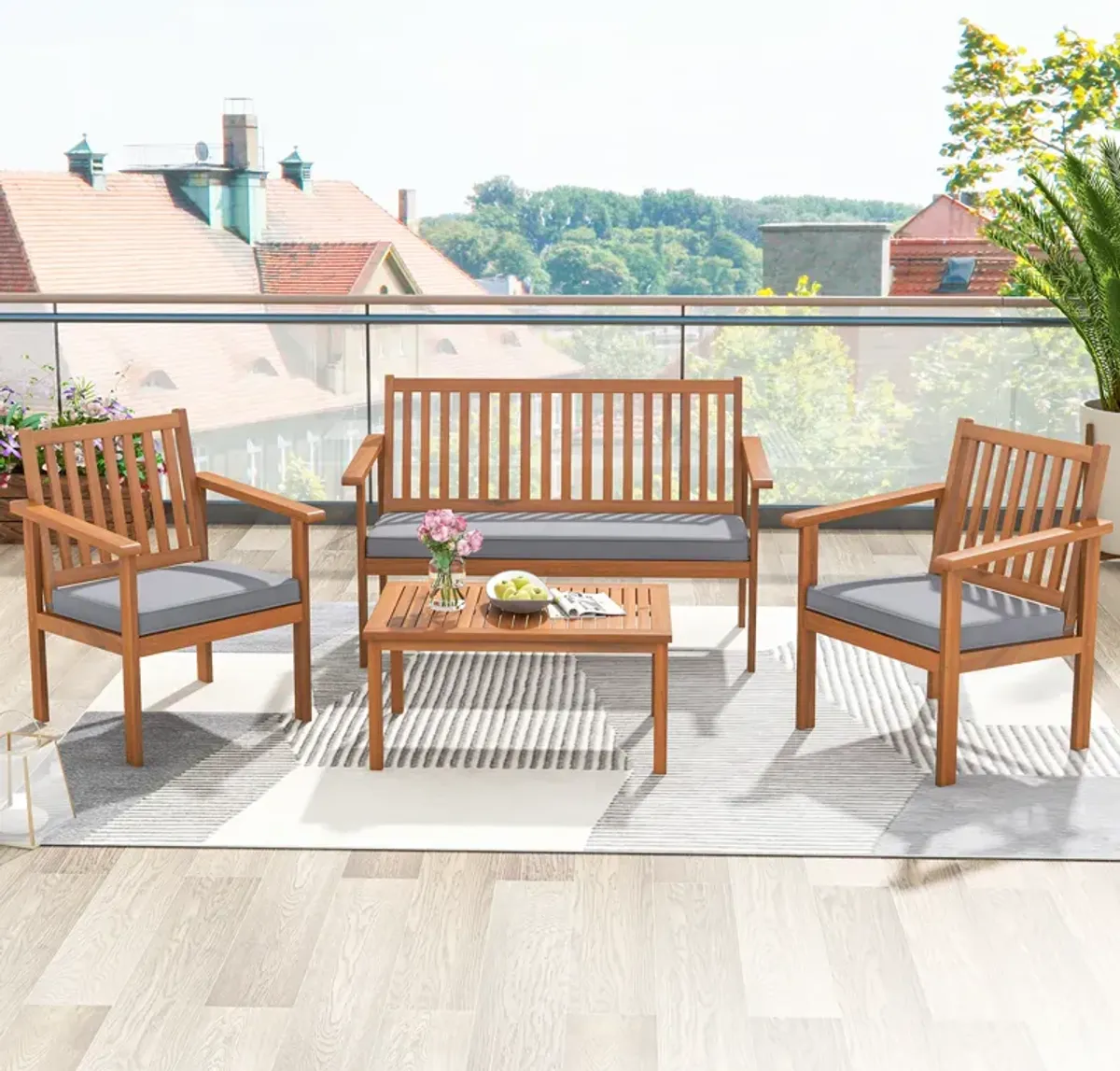 4 Piece Patio Wood Furniture Set Acacia Wood Sofa Set with Loveseat