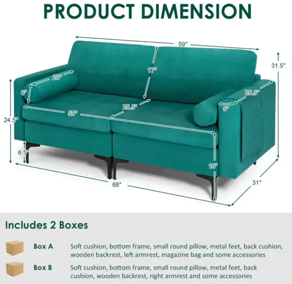 Hivvago Modern Loveseat Sofa with 2 Bolsters and Side Storage Pocket