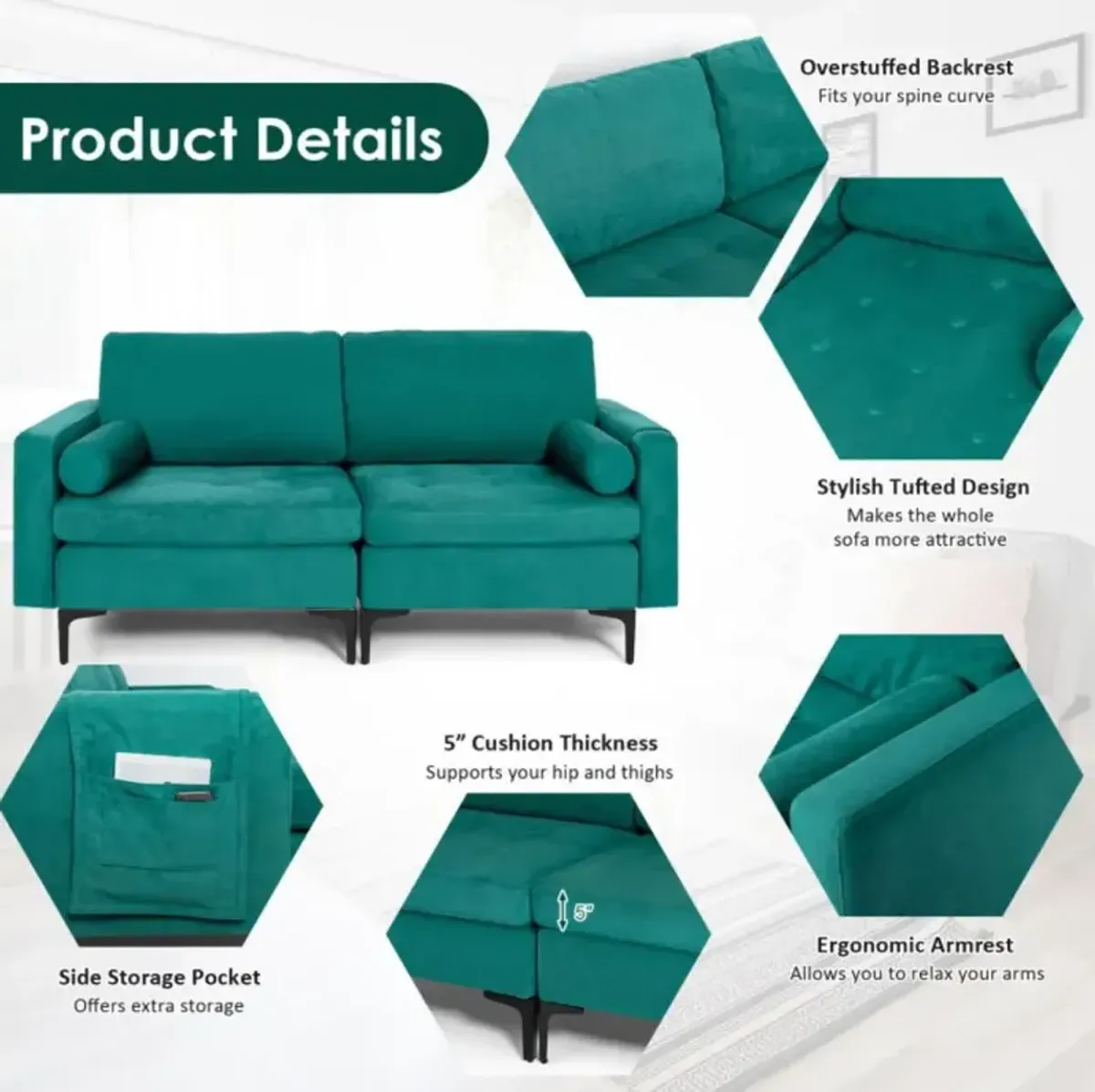 Hivvago Modern Loveseat Sofa with 2 Bolsters and Side Storage Pocket