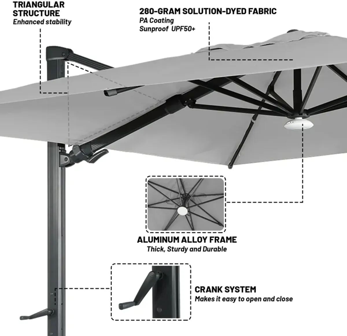 10 ft. 360° Rotation Square Cantilever Patio Umbrella with Base and BT in Gray