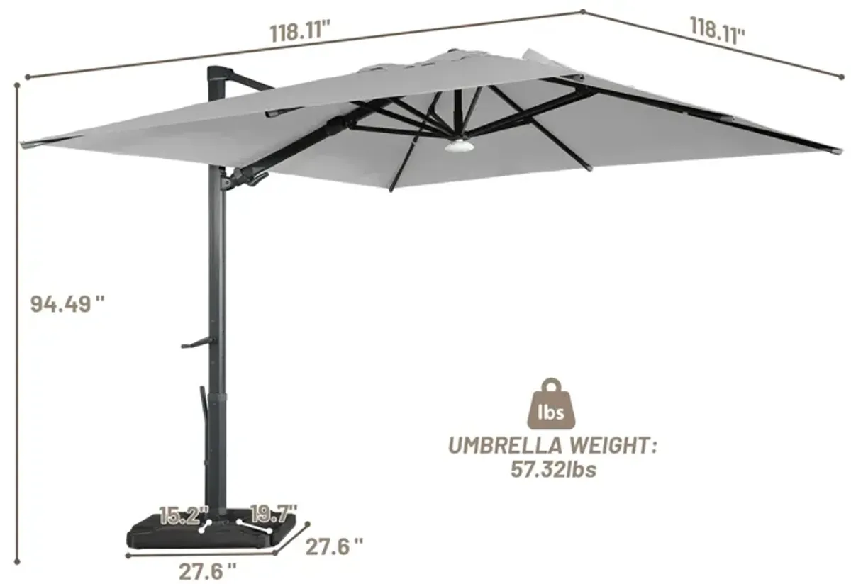 10 ft. 360° Rotation Square Cantilever Patio Umbrella with Base and BT in Gray