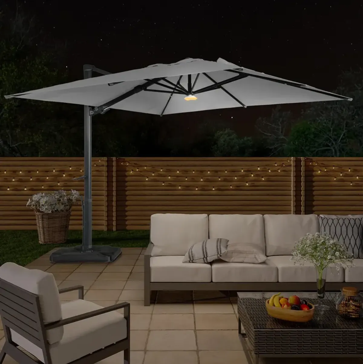 10 ft. 360° Rotation Square Cantilever Patio Umbrella with Base and BT in Gray