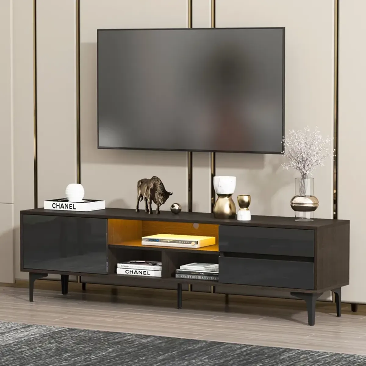 Streamdale Multi-Use Dark Brown TV Furniture with LED Lights