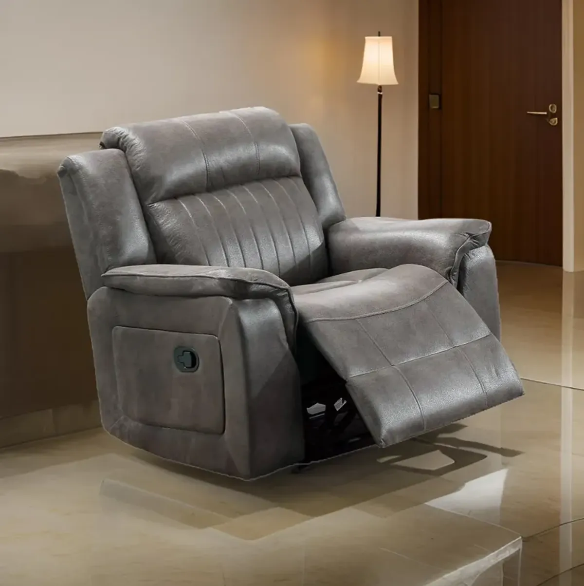 Fabric Manual Recliner Chair with Pillow Top Arms, Gray-Benzara